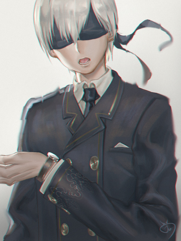 1boy, bishounen, black_blindfold, black_coat, black_gloves, black_necktie, blindfold, choker