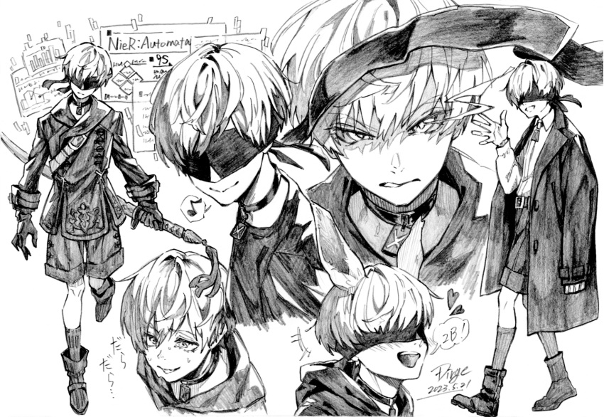 1boy, animal_ears, bishounen, black_blindfold, black_coat, black_gloves, blindfold, boots, choker, coat, full_body, gloves, highres, male_focus, monochrome, musical_note, nier:automata, nier_(series), satsuki_oka, short_hair, shorts, simple_background, smile, solo, speech_bubble, spoken_musical_note, white_background, white_hair, yorha_no._9_type_s