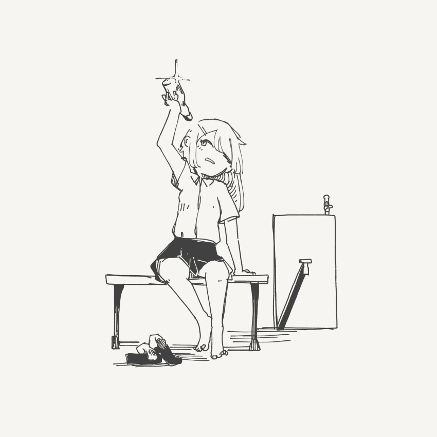 1girl, 3ma_can_omochi, arm_support, arm_up, barefoot, bench, bottle, collared_shirt