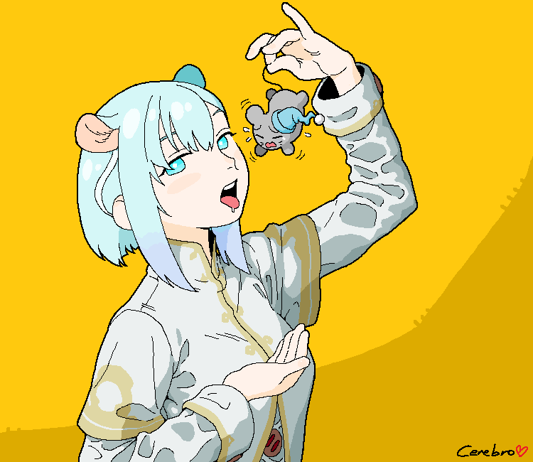 1girl, animal, animal_ears, arm_up, artist_name, blue_eyes, blue_hair, blush_stickers