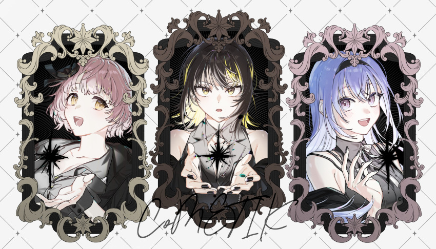 3girls, :o, black_hair, black_hairband, blonde_hair, blue_hair, blush, brown_hair