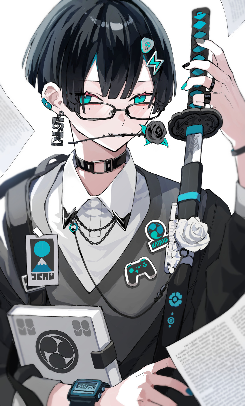 1boy, absurdres, aqua_eyes, belt_collar, black_flower, black_hair, black_jacket, black_rose