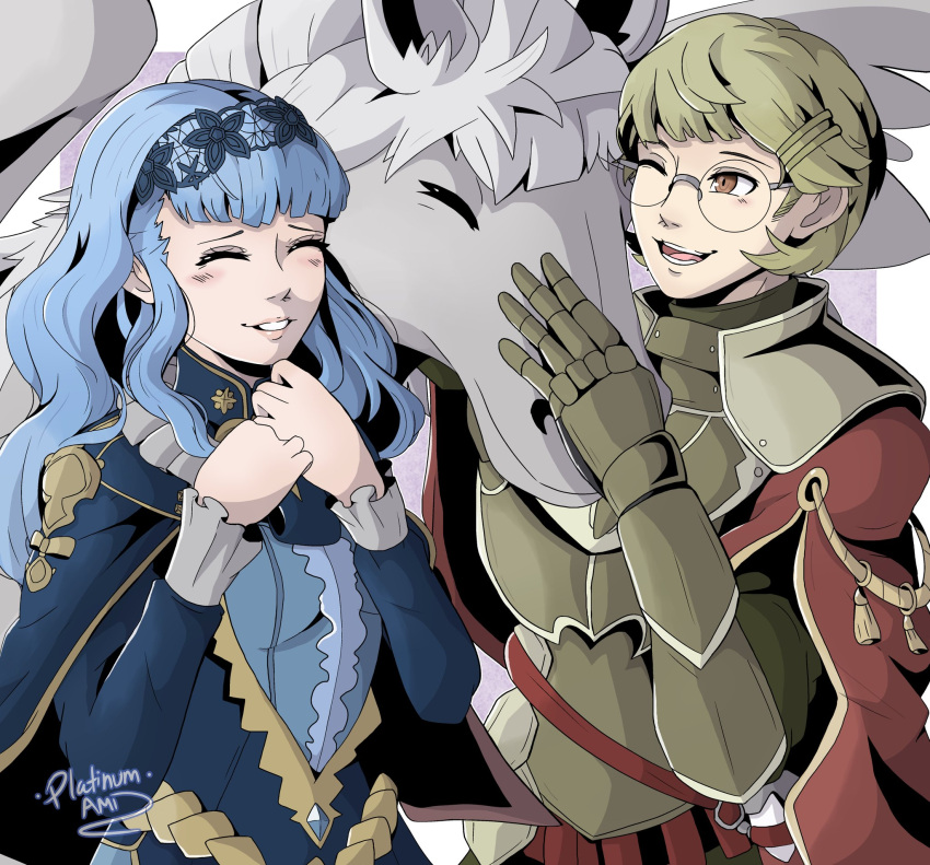 1boy, 1girl, armor, blue_hair, brown_eyes, closed_eyes, fire_emblem, fire_emblem:_three_houses