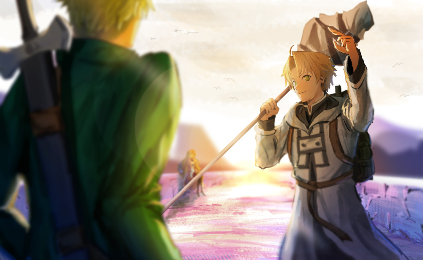 1girl, 2boys, absurdres, backpack, bag, blonde_hair, blurry, blurry_background