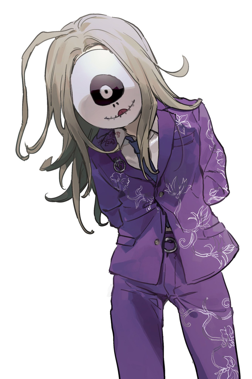 1boy, ahoge, arms_behind_back, blonde_hair, blue_necktie, collared_shirt, covered_face, facing_viewer