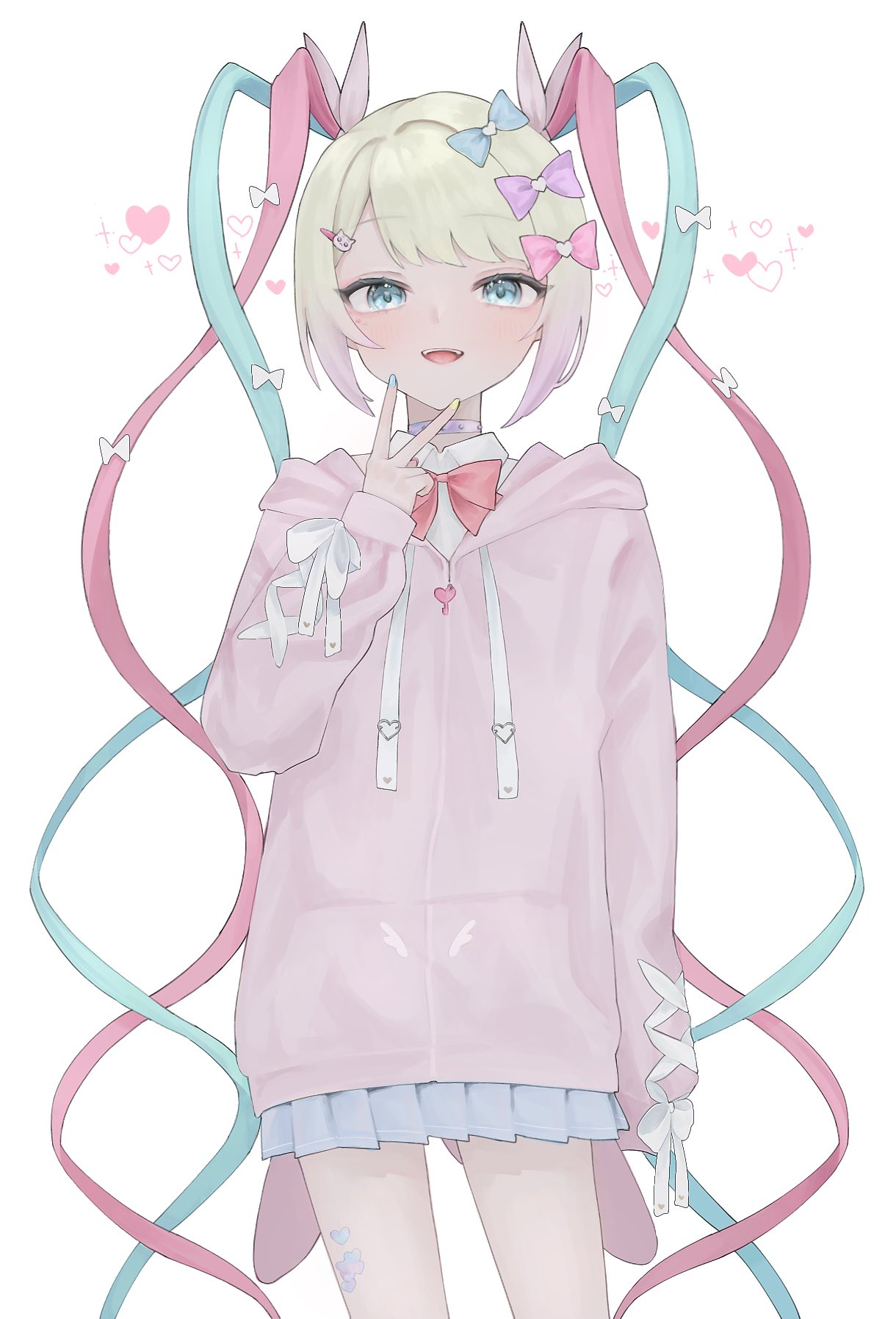 1girl, :d, blonde_hair, blue_bow, blue_eyes, blue_hair, blue_nails, blue_skirt