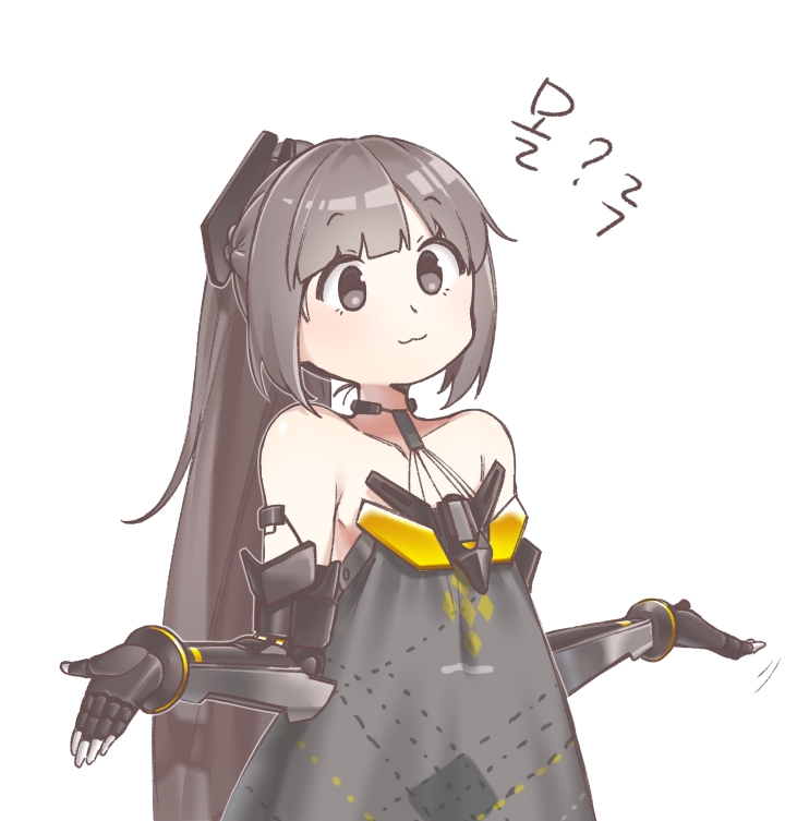 1girl, :3, ?, asymmetrical_hair, bare_shoulders, dress, flat_chest, grey_dress