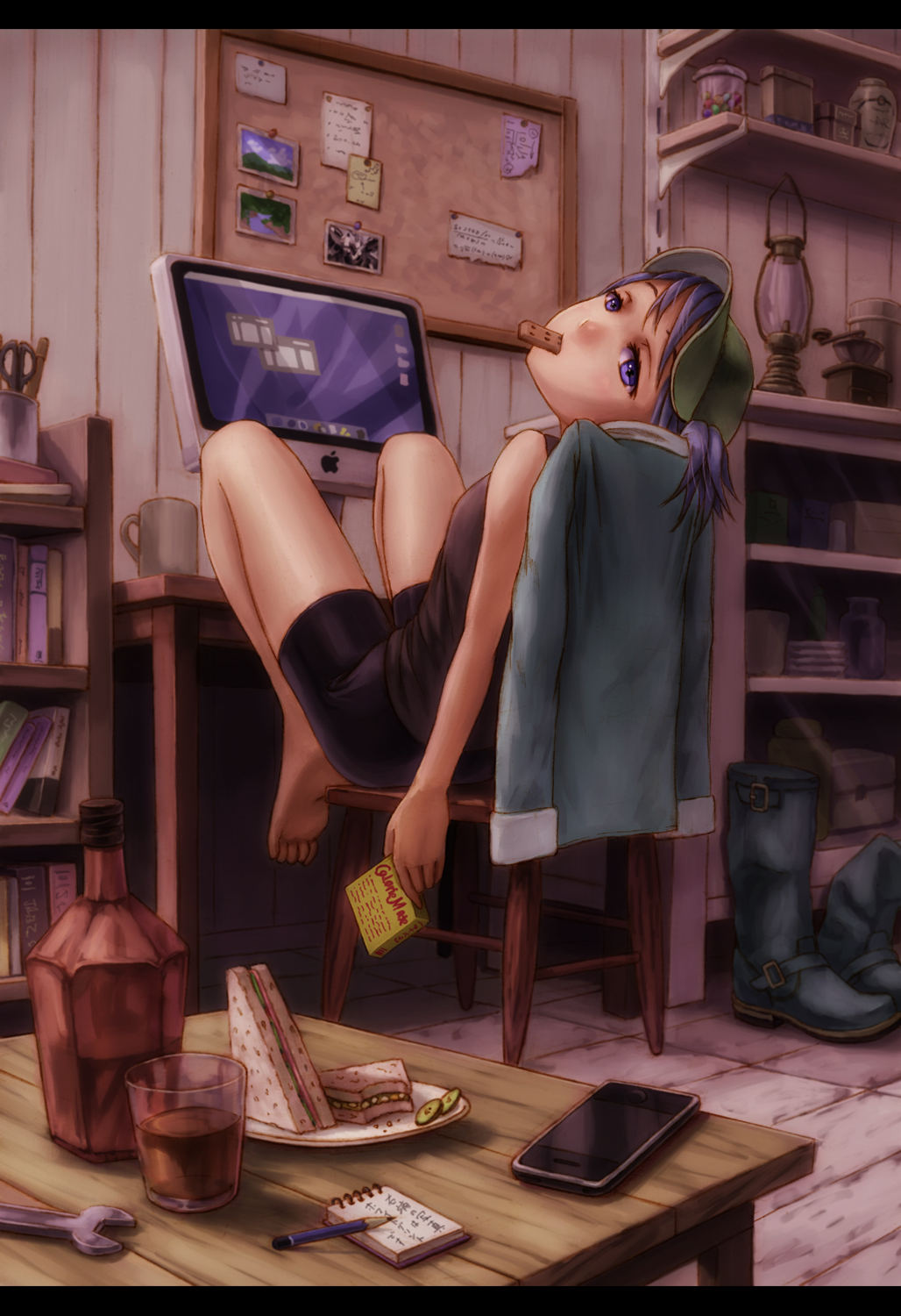 alternate_costume, bad_id, barefoot, bike_shorts, blue_eyes, blue_hair, chair, computer