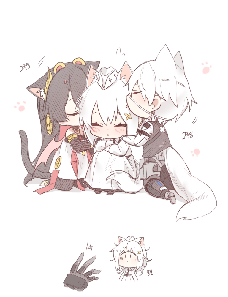 1boy, 2girls, animal_ear_fluff, animal_ears, animal_hands, bare_shoulders, black_hair, black_pantyhose