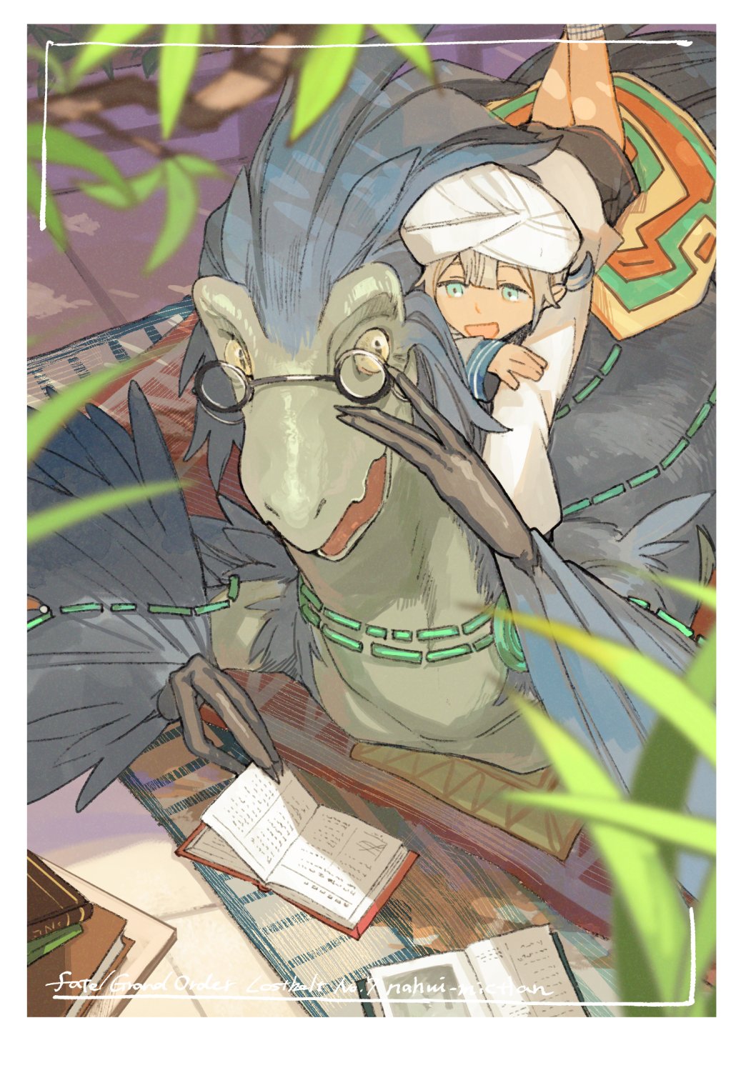 aqua_eyes, book, carpet, copyright_name, dinosaur, fate/grand_order, fate_(series), glasses