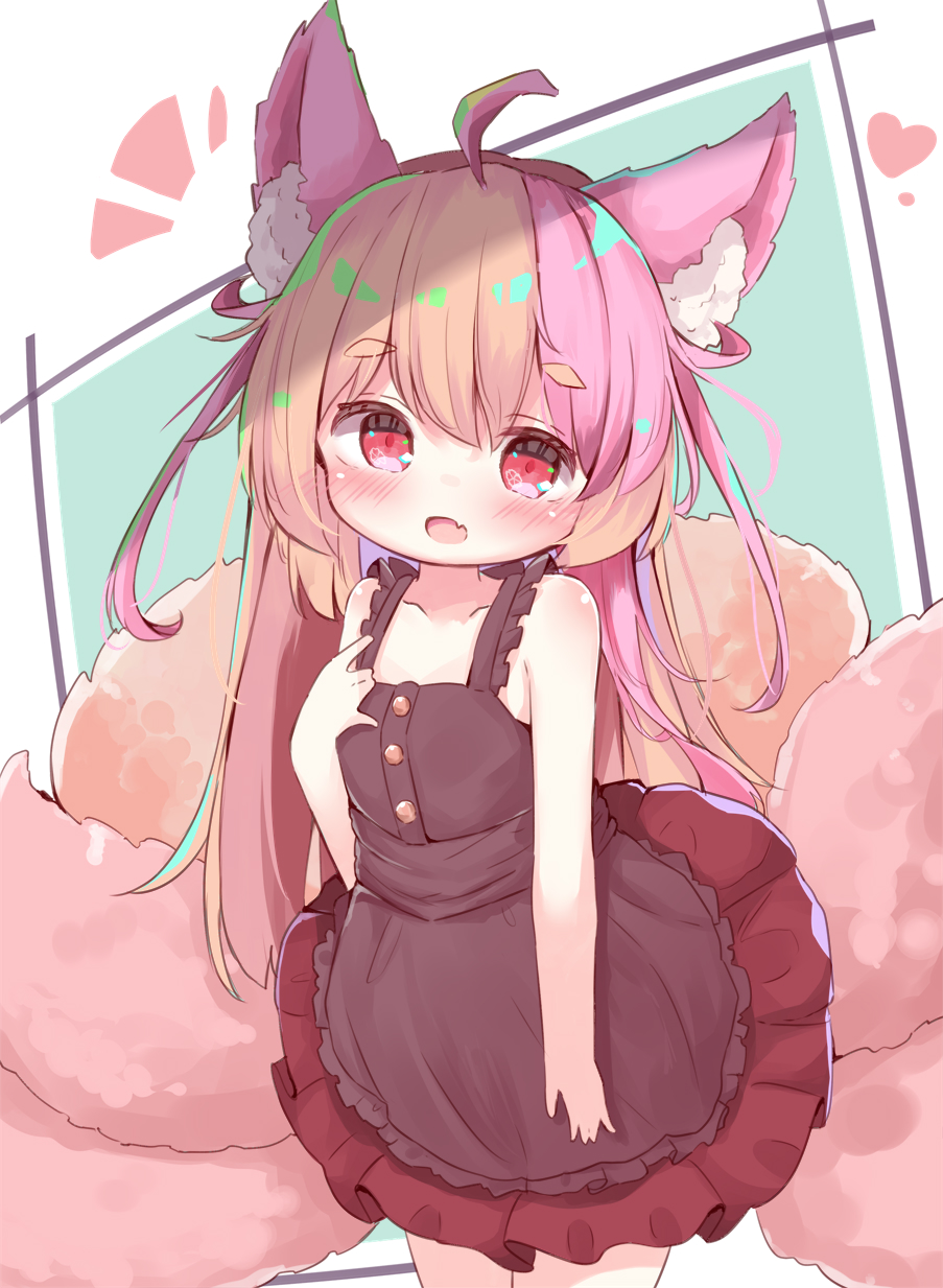 1girl, ahoge, animal_ear_fluff, animal_ears, bare_arms, bare_shoulders, black_dress, blush