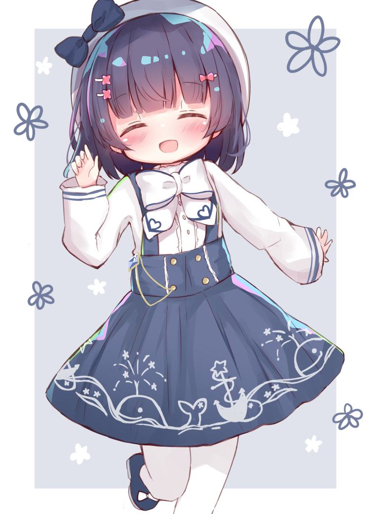 1girl, :d, black_hair, blue_bow, blue_dress, blue_footwear, blush, border