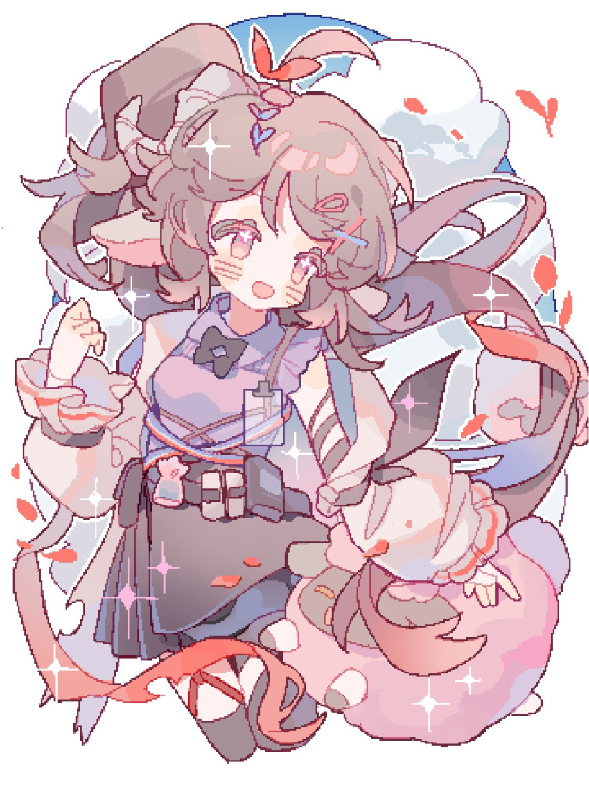 1girl, ahoge, animal_ears, arknights, belt, black_skirt, black_thighhighs, blue_sky