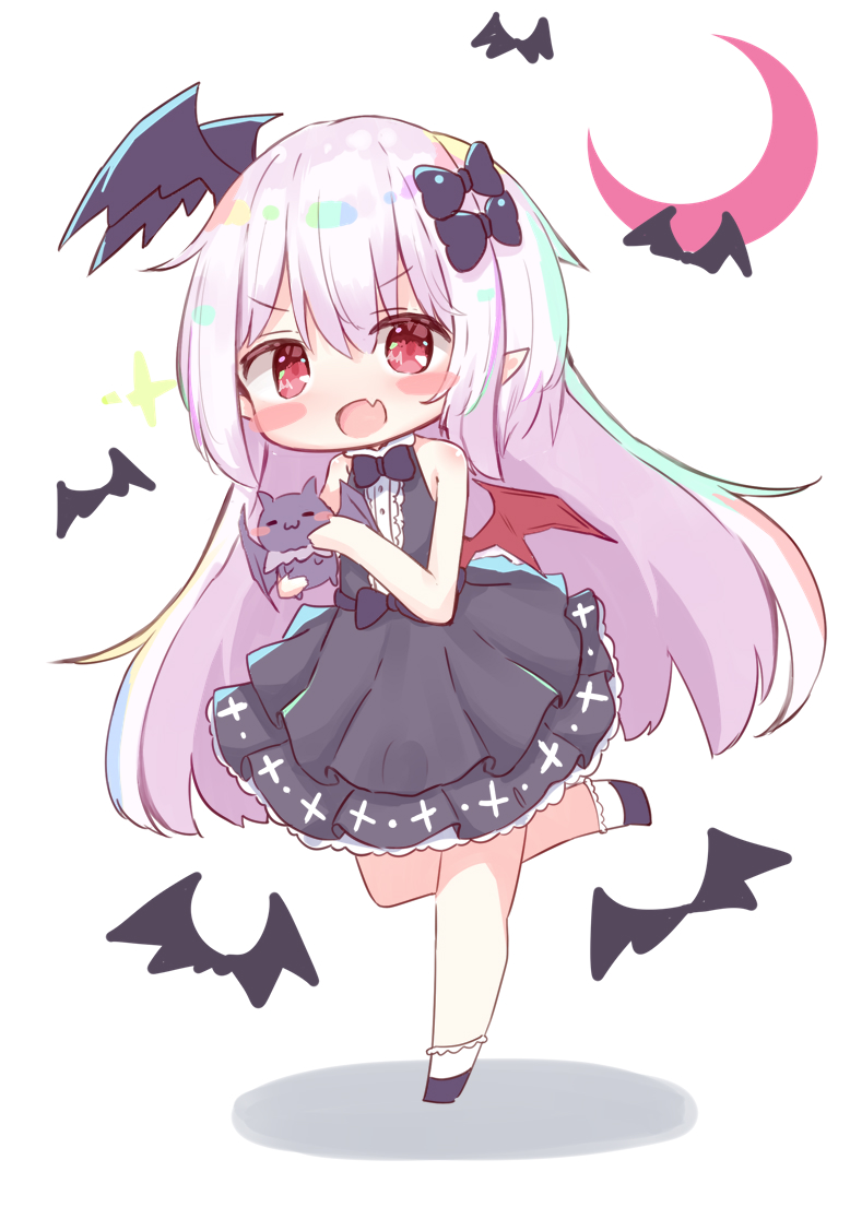1girl, :3, bare_arms, bare_legs, bare_shoulders, bat_(animal), black_bow, black_bowtie