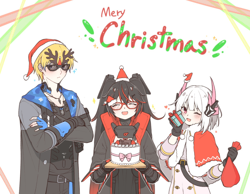 1boy, 2girls, antlers, belt, black_belt, black_dress, black_hair, black_jacket