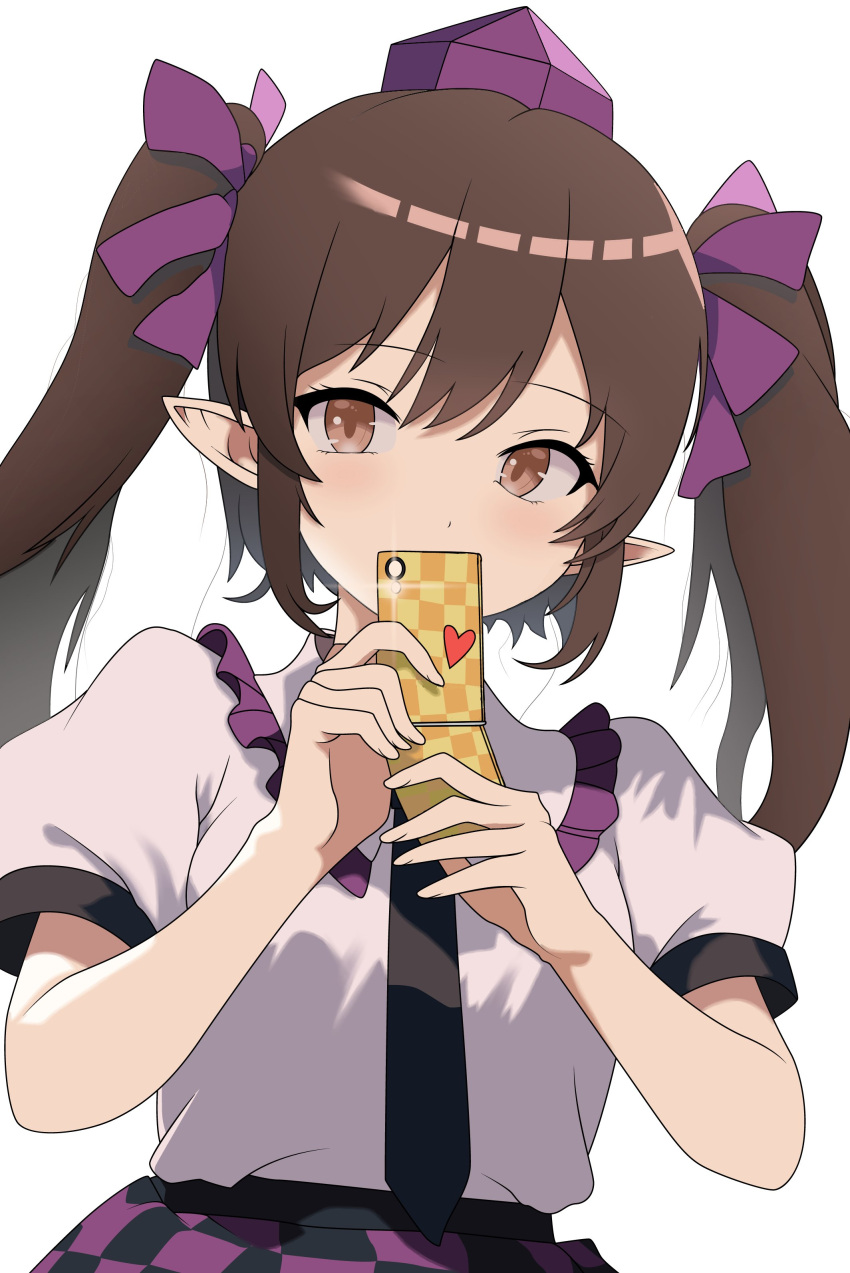 1girl, absurdres, arina_stepanova, black_necktie, black_skirt, blush, bow, brown_eyes
