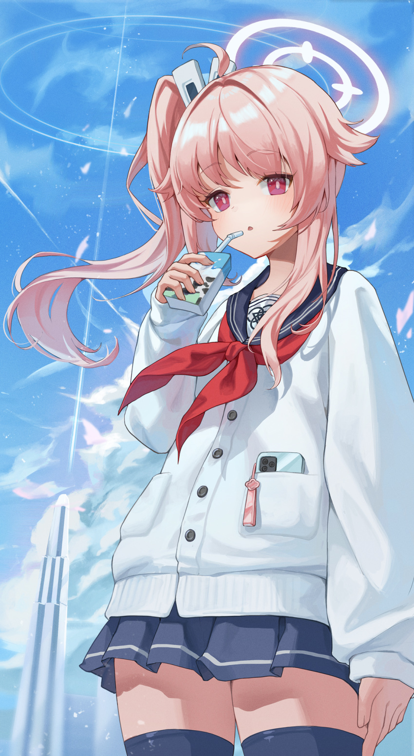 1girl, ahoge, bendy_straw, blue_archive, blue_eyes, blue_skirt, blue_thighhighs, bright_pupils