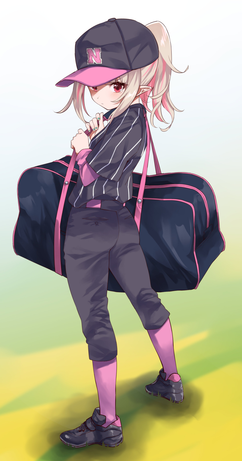 1girl, absurdres, baseball_cap, baseball_uniform, black_pants, blonde_hair, full_body, hat