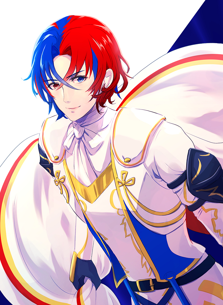 1boy, alear_(fire_emblem), alear_(male)_(fire_emblem), blue_eyes, blue_hair, cape_grab, fire_emblem, fire_emblem_engage, heterochromia, multicolored_hair, red_eyes, redhead, rio78866412, solo, two-tone_hair, upper_body