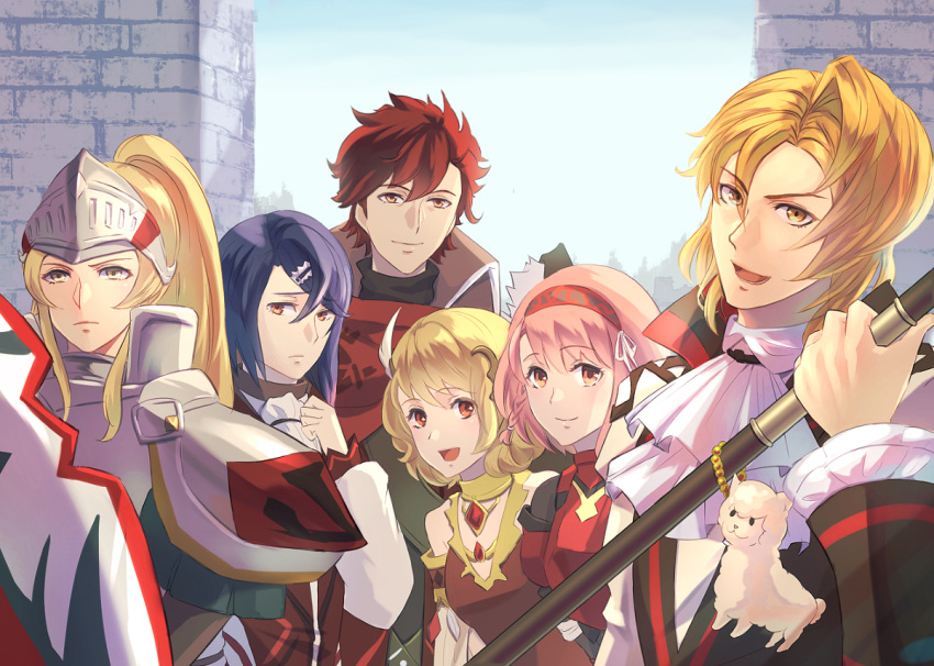 alcryst_(fire_emblem), amber_(fire_emblem), armor, brick_wall, citrinne_(fire_emblem), diamant_(fire_emblem), fire_emblem, fire_emblem_engage, hair_ornament, hairband, hairclip, holding, holding_polearm, holding_weapon, jade_(fire_emblem), lapis_(fire_emblem), open_mouth, polearm, ponytail, rio78866412, smile, weapon
