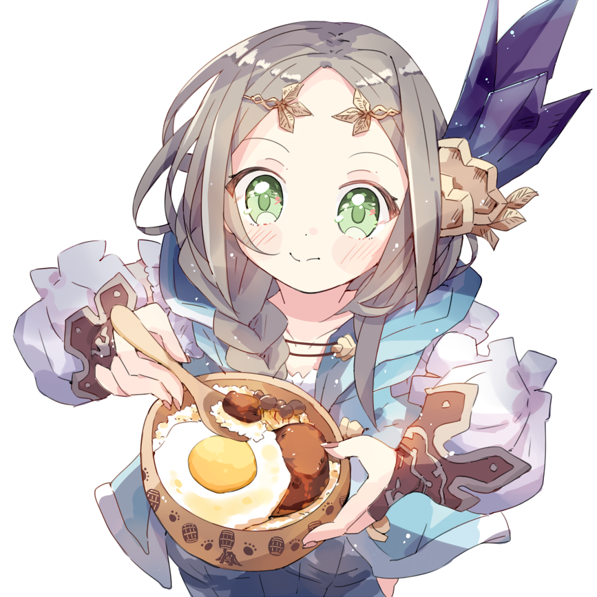 1girl, atelier_(series), atelier_firis, blue_jacket, blush, bowl, braid, brown_hair