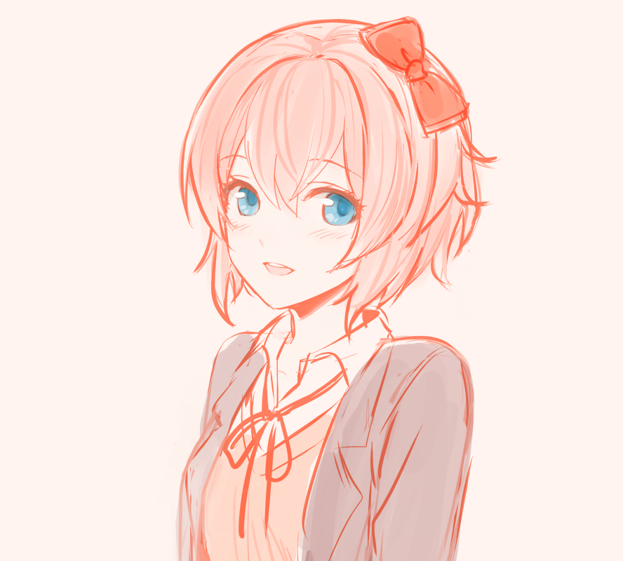 1girl, blue_eyes, bow, commentary, doki_doki_literature_club, grey_jacket, hair_bow, jacket