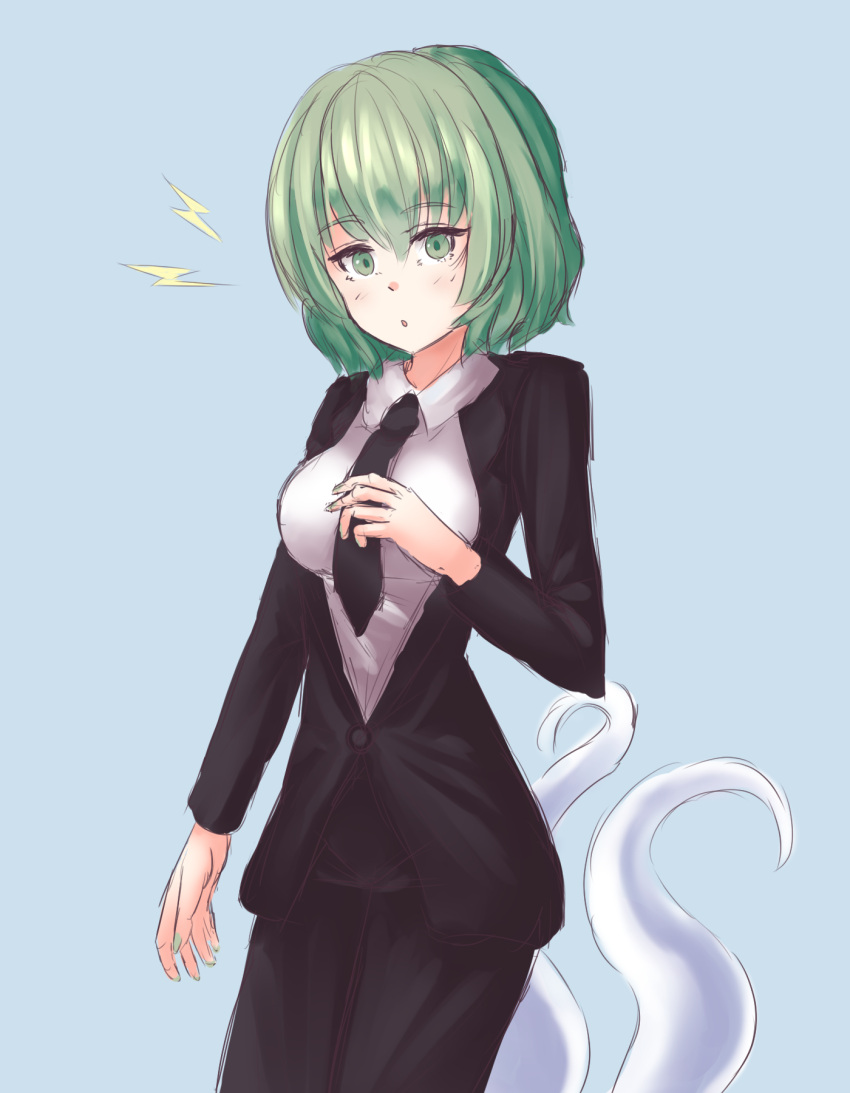 1girl, alternate_costume, black_jacket, black_necktie, blue_background, breasts, collared_shirt, commentary