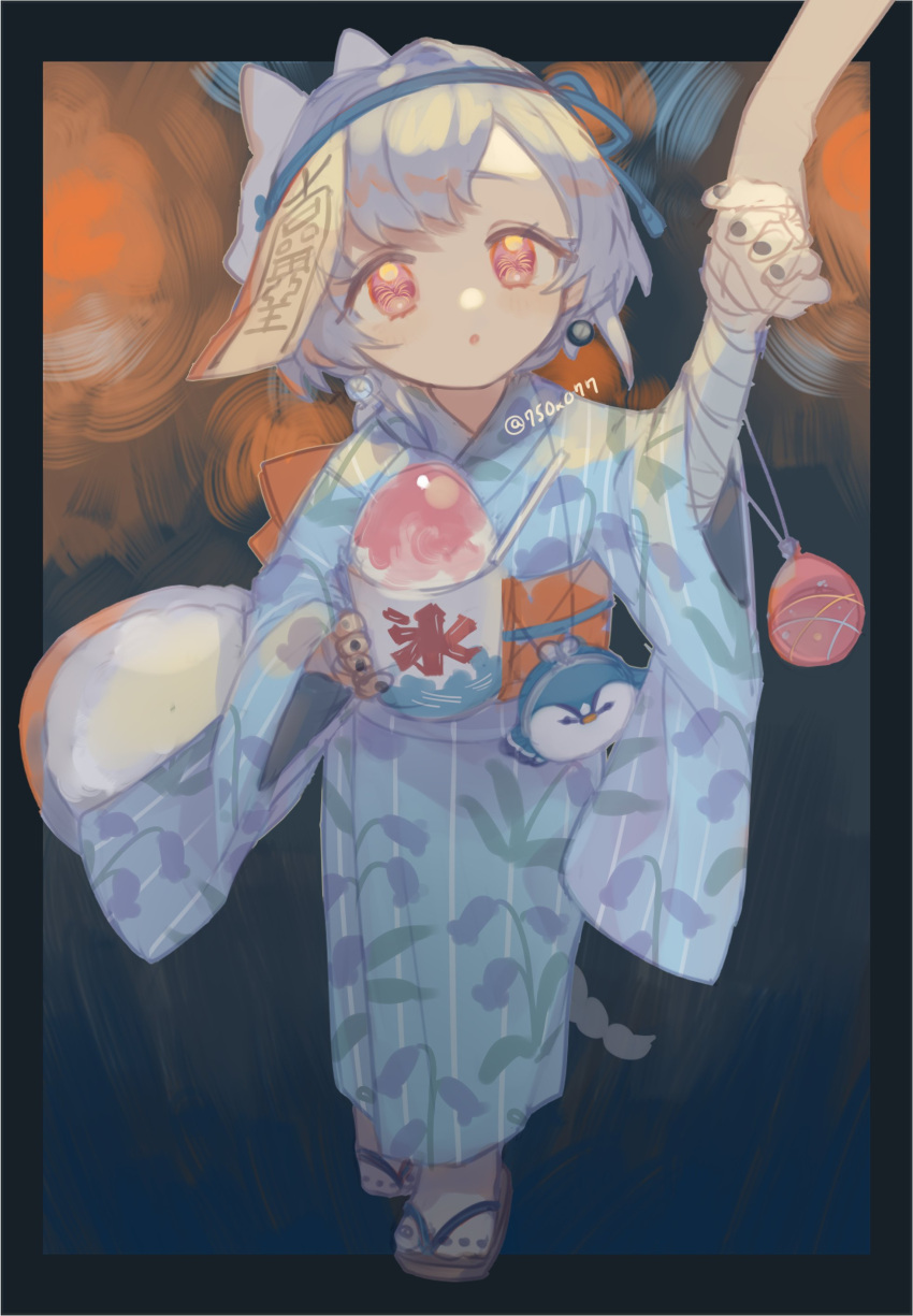 1girl, 750x077, absurdres, aerial_fireworks, artist_name, bellflower, blue_hair, blue_kimono