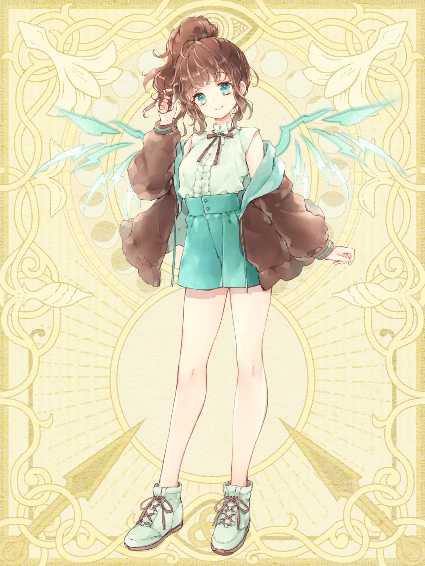 1girl, aqua_eyes, brown_hair, brown_jacket, brown_ribbon, chain_paradox, frills, full_body