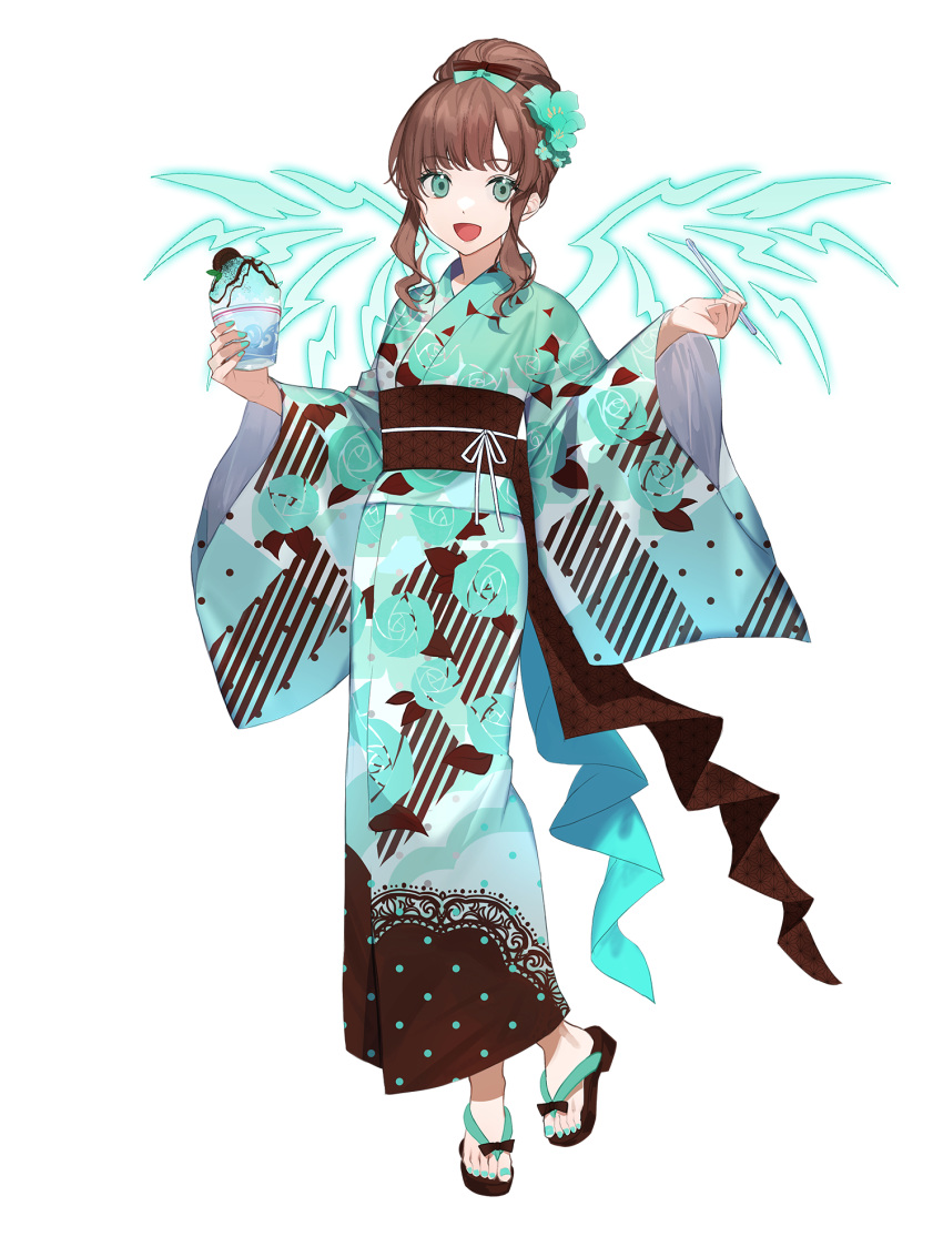 1girl, :d, ame_tyaya, aqua_bow, aqua_eyes, aqua_kimono, aqua_nails, bow, brown_hair, chain_paradox, energy_wings, flower, food, full_body, hair_flower, hair_ornament, hair_up, highres, holding, holding_food, holding_spoon, japanese_clothes, kimono, looking_at_viewer, mitoma_mao, obi, sandals, sash, shaved_ice, sidelocks, smile, spoon, standing, transparent_background, wide_sleeves, wings