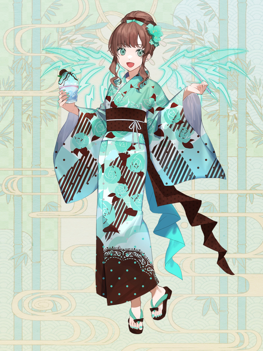 1girl, :d, ame_tyaya, aqua_bow, aqua_eyes, aqua_kimono, aqua_nails, bow