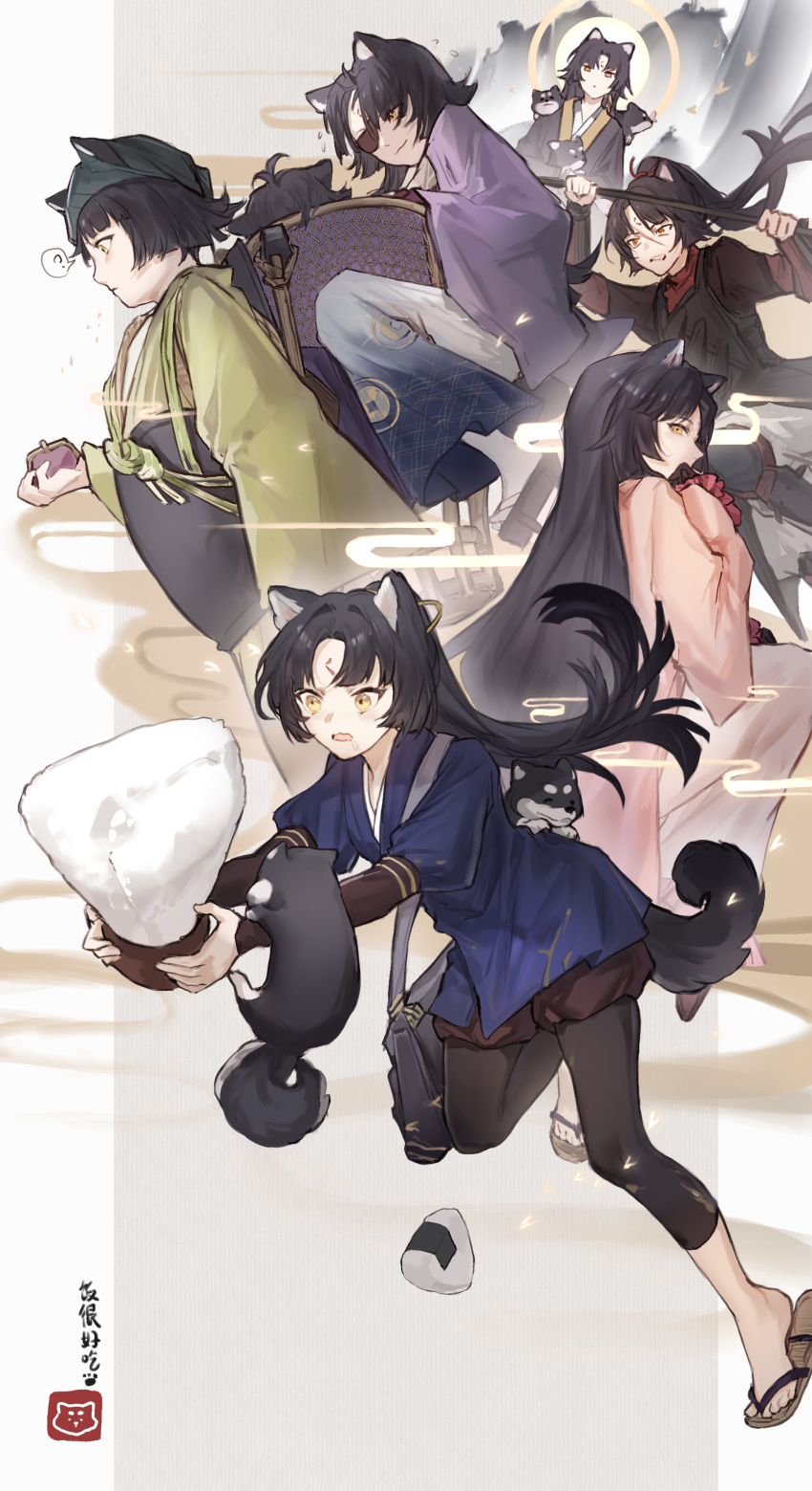 6+girls, absurdres, animal_ears, arknights, bag, basket, black_gloves, black_hair