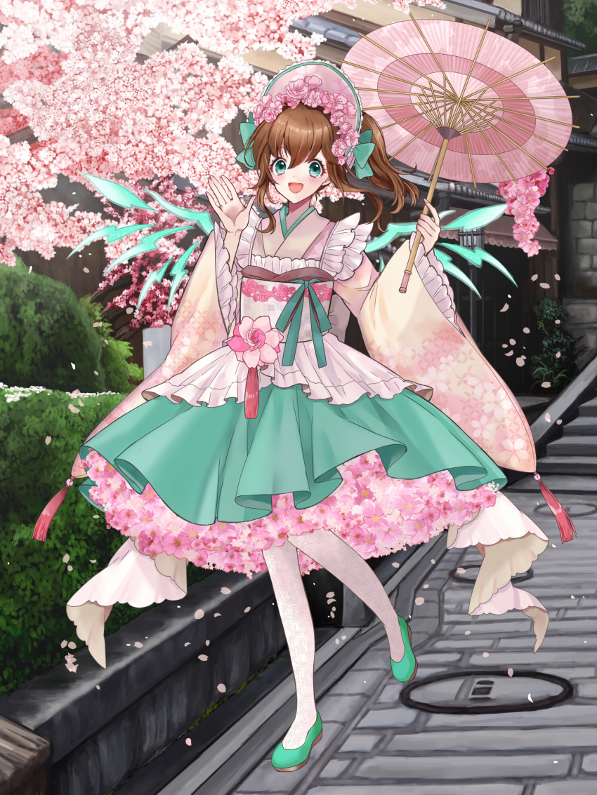 1girl, :d, aqua_eyes, blush, bonnet, bow, brown_hair, chain_paradox