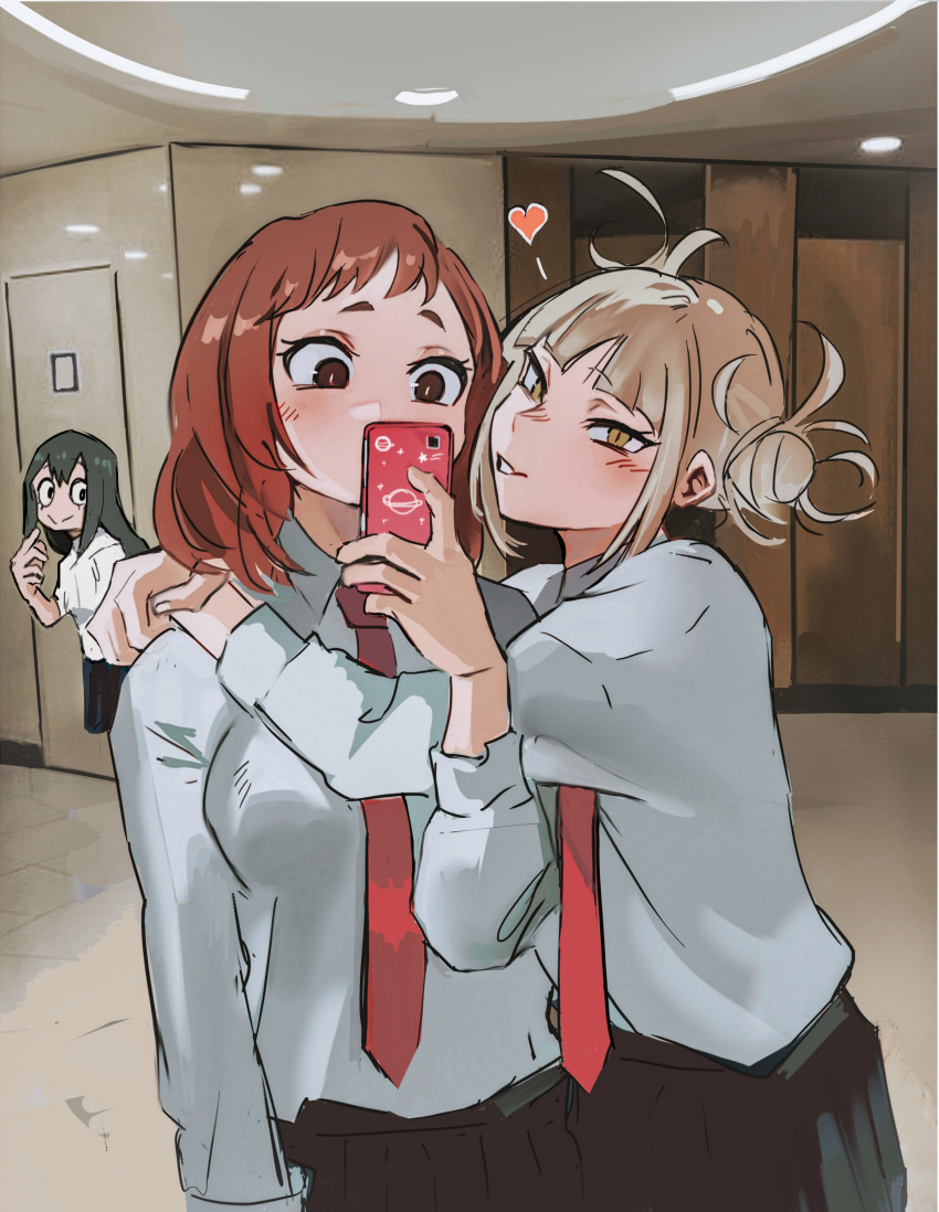 3girls, absurdres, asui_tsuyu, bathroom, blonde_hair, blush, boku_no_hero_academia, brown_eyes
