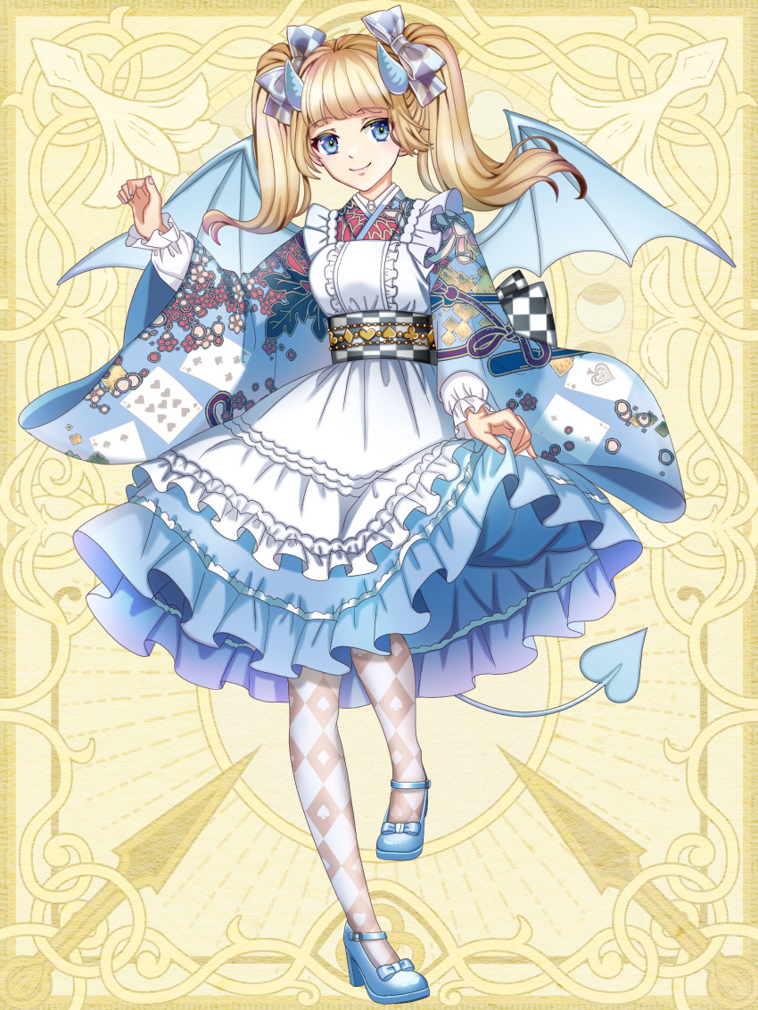 1girl, argyle, argyle_legwear, blonde_hair, blue_dress, blue_eyes, blue_footwear, blue_horns, blue_wings, bow, chain_paradox, dress, frilled_dress, frills, hair_bow, highres, horns, natsume_alice, pantyhose, skirt_hold, smile, standing, standing_on_one_leg, tail, tsukiko_(moon_arc), twintails, white_dress, wide_sleeves, wings, yellow_background
