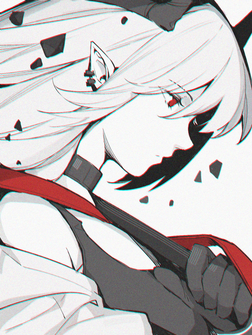 1girl, apu-chm, arknights, black_choker, black_gloves, black_sports_bra, breasts, choker, close-up, closed_mouth, colored_skin, expressionless, from_side, gloves, hammer, highres, holding, holding_hammer, horns, jacket, limited_palette, looking_down, medium_breasts, mudrock_(arknights), off_shoulder, portrait, profile, red_eyes, simple_background, solo, sports_bra, white_background, white_hair, white_jacket, white_skin