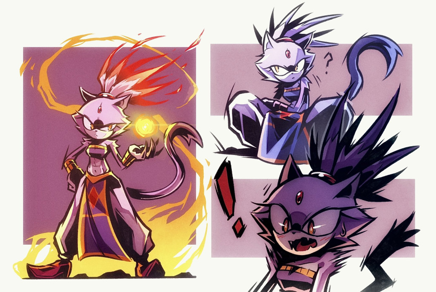 1girl, ?, arabian_clothes, blaze_the_cat, burning, cat_girl, cat_tail, crop_top