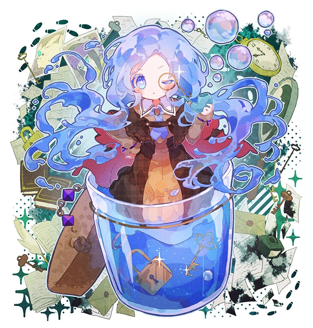 1girl, blue_eyes, blue_hair, book, bright_pupils, brown_dress, bubble, capelet