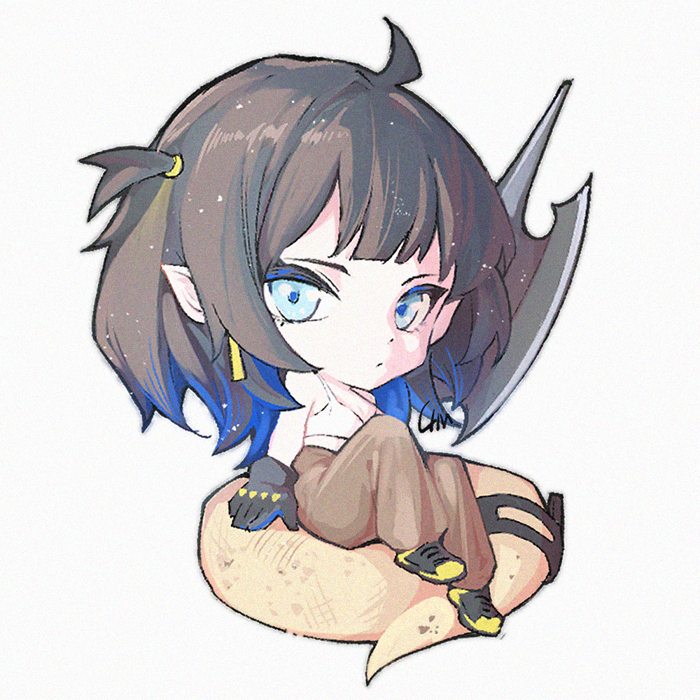1girl, apu-chm, arknights, bare_shoulders, black_footwear, black_hair, blue_eyes, blue_hair, brown_pants, chibi, eunectes_(arknights), eunectes_(forgemaster)_(arknights), halberd, holding, holding_polearm, holding_weapon, knee_up, long_bangs, medium_hair, multicolored_hair, one_side_up, pants, polearm, shirt, shoes, sidelocks, simple_background, sitting, sleeveless, sleeveless_shirt, snake_girl, snake_tail, sneakers, solo, tail, tank_top, two-tone_hair, weapon, white_background, white_tank_top