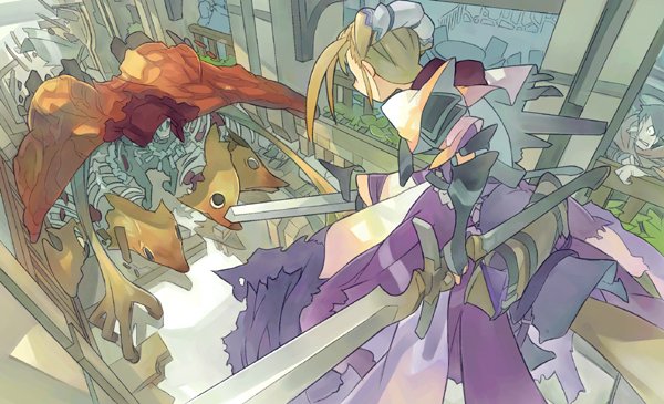 1boy, 1girl, akitsu_taira, armor, battle, blonde_hair, bone, dress