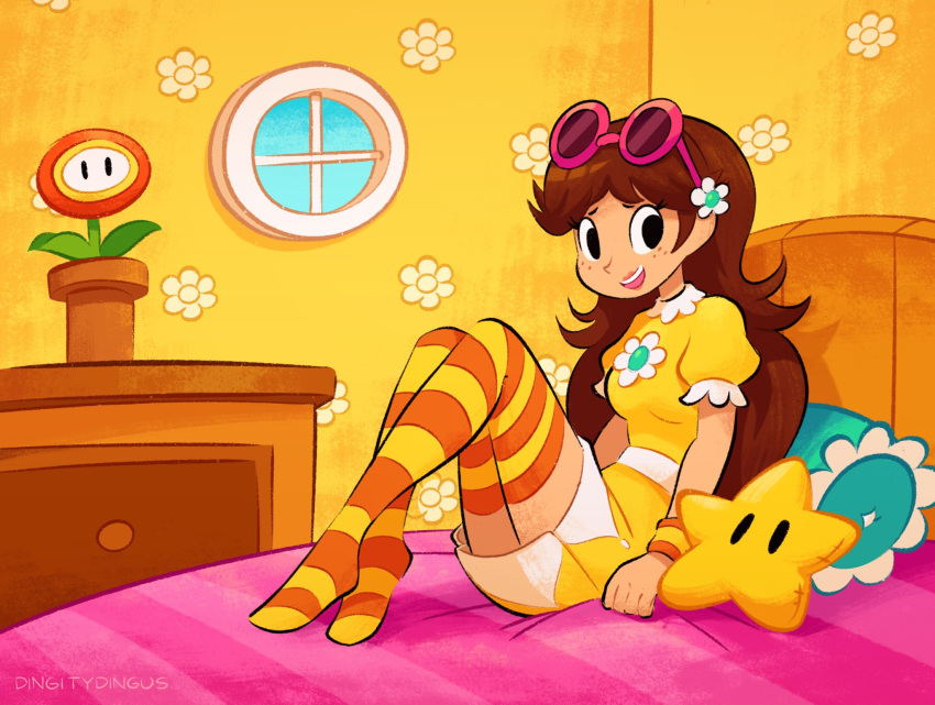 1girl, alternate_costume, bed, blue_eyes, breasts, brown_hair, chest_of_drawers, dress, earrings, eyewear_on_head, fire_flower, flower, flower_earrings, grin, highres, indoors, jewelry, kneehighs, long_hair, looking_at_viewer, medium_breasts, on_bed, open_mouth, orange_socks, pillow, pink-framed_eyewear, princess_daisy, puffy_short_sleeves, puffy_sleeves, short_sleeves, sitting, skirt, smile, socks, striped, striped_thighhighs, super_mario_bros., super_mario_land, super_star_(mario), teeth, thigh-highs, two-tone_thighhighs, upper_teeth_only, vinny_(dingitydingus), window, yellow_dress, yellow_socks