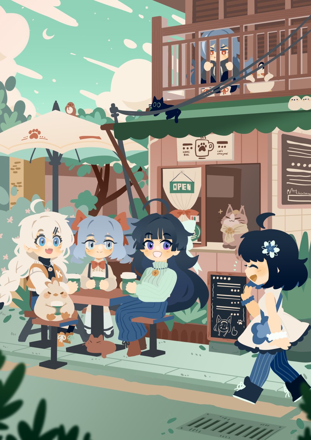 :d, ^_^, ahoge, alternate_costume, animal, bird, blue_eyes, blue_pants