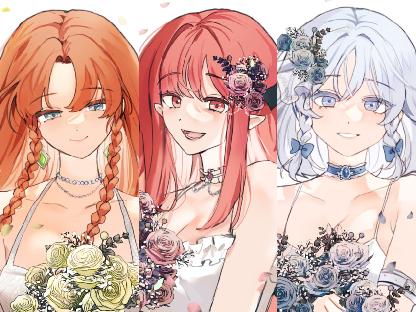 3girls, absurdres, armband, blue_bow, blue_eyes, bow, braid, dress