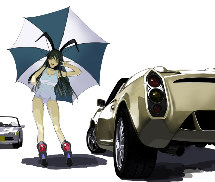 breasts, bunny_ears, car, choker, green_hair, hands, legs, long_hair