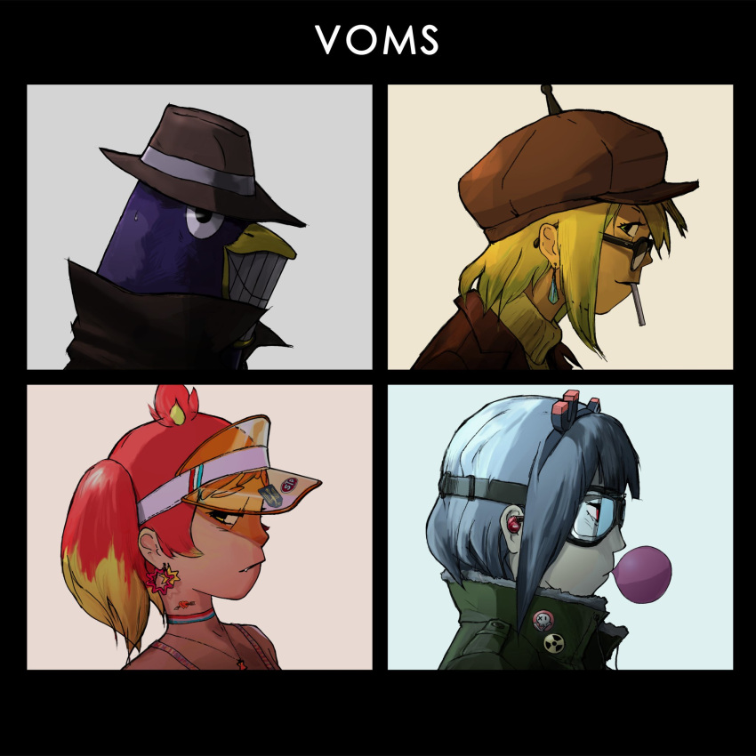 1boy, 3girls, album_cover_redraw, amano_pikamee, bird, black_hairband, blonde_hair, brown_headwear