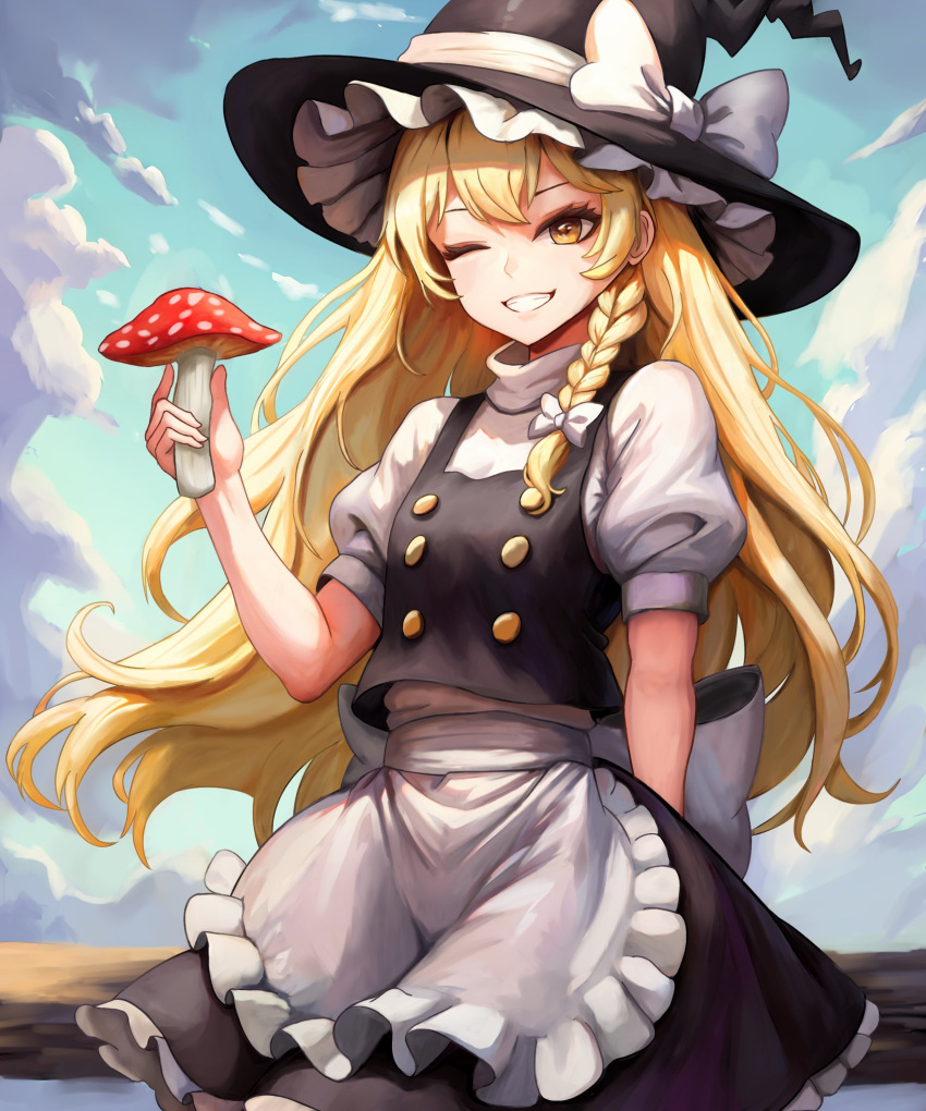 1girl, apron, black_skirt, black_tank_top, blonde_hair, bow, braid, clouds, cloudy_sky, frilled_apron, frilled_skirt, frills, hair_bow, hat, hat_ribbon, highres, holding, holding_mushroom, kirisame_marisa, long_hair, mushroom, one_eye_closed, pigsir13152, ribbon, shirt, skirt, sky, smile, tank_top, teeth, touhou, white_apron, white_bow, white_shirt, white_sleeves, witch, witch_hat, yellow_eyes