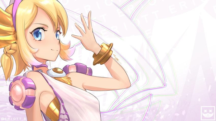 1girl, absurdres, artist_logo, artist_name, bare_shoulders, blonde_hair, blue_eyes, breasts