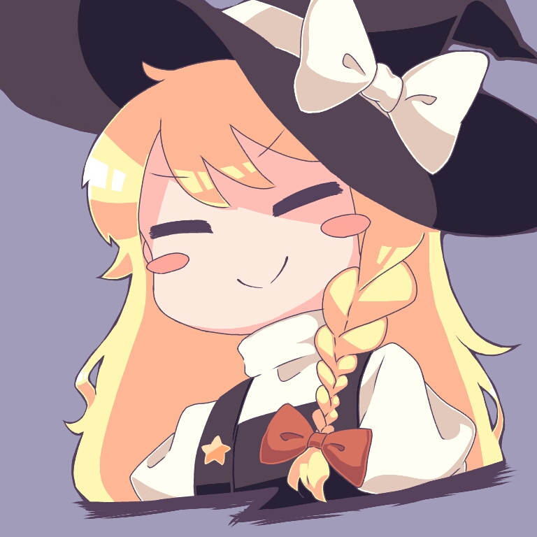 1girl, =_=, black_headwear, black_vest, blonde_hair, blush, blush_stickers, bow, braid, chanpuru_(nicoseiga_67544477), closed_eyes, closed_mouth, commentary_request, cookie_(touhou), flat_chest, grey_background, hair_bow, hat, hat_bow, kirisame_marisa, long_hair, medium_bangs, puffy_short_sleeves, puffy_sleeves, red_bow, shirt, short_sleeves, side_braid, simple_background, single_braid, smile, solo, split_mouth, suzu_(cookie), touhou, turtleneck, v-shaped_eyebrows, vest, white_bow, white_shirt, witch_hat
