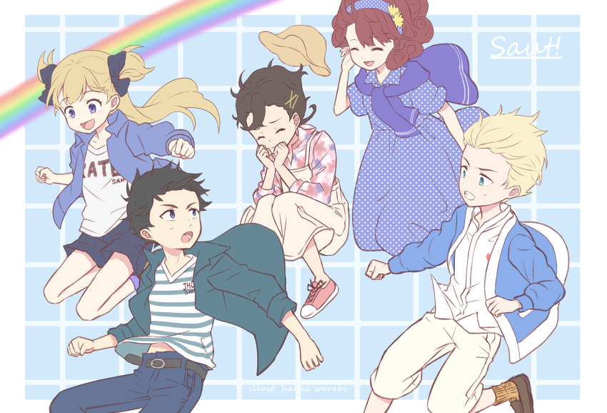2boys, 3girls, belt, black_hair, blonde_hair, bow, denim, dress