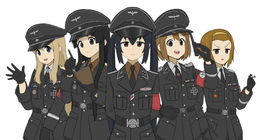 5girls, akiyama_mio, arms_behind_back, black_cat03, black_coat, black_eyes, black_gloves, black_hair
